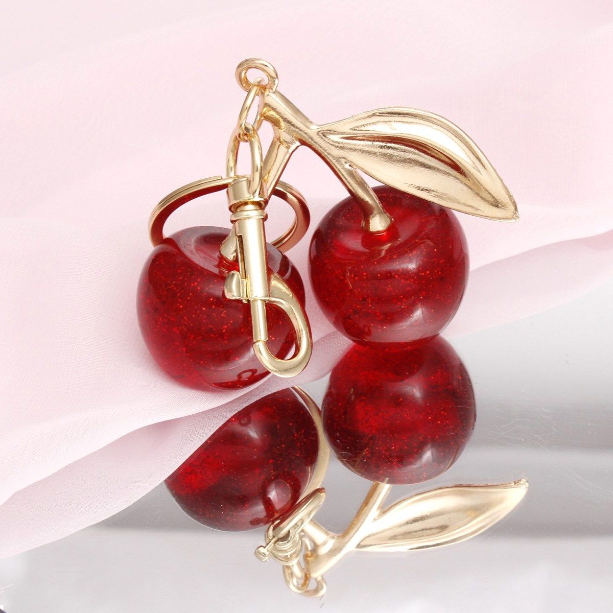 Keychain Red Plump Cherries Gold Handbag Clip